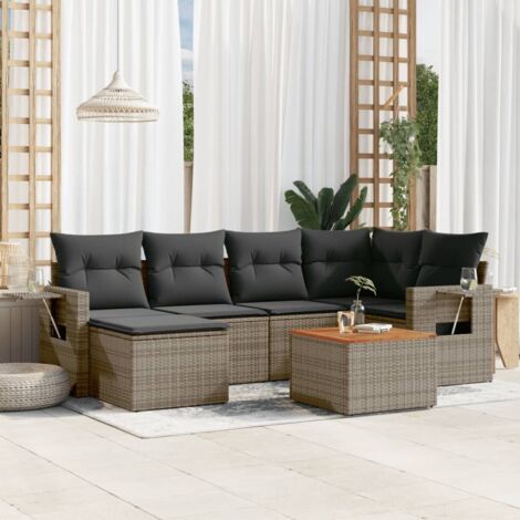 Salon de Jardin 7 Pièces en Résine Tressée Gris - Coffre de Rangement et Table Acacia (1/3)