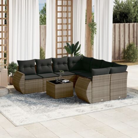 Salon de Jardin 9 Pièces Gris Résine Tressée Modulable avec Coussins, Housse et Table Verre (1/3)