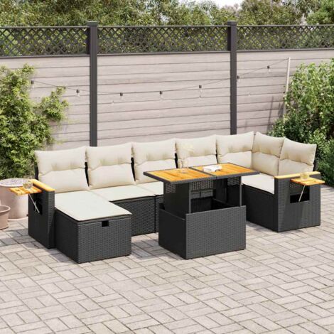 Salon Jardin 5 Places Noir Résine Tressée - Canapé d'Angle avec Table Réglable, Rangements Intégrés et 8 Coussins Blancs Lavables (1/5)