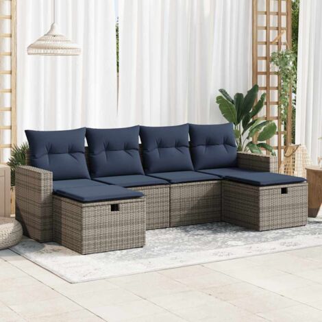 Ensemble Salon de Jardin 6 pièces Résine Tressée Gris avec Coussins Bleu Marine et Rangement Intégré (1/5)