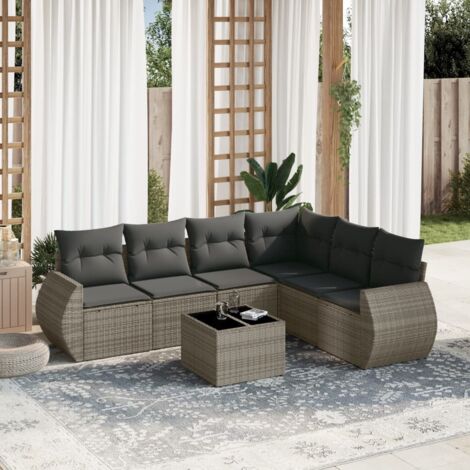 Salon de jardin 7 places en résine tressée gris avec table verre trempé et coussins lavables - Ensemble modulaire rangement (1/3)