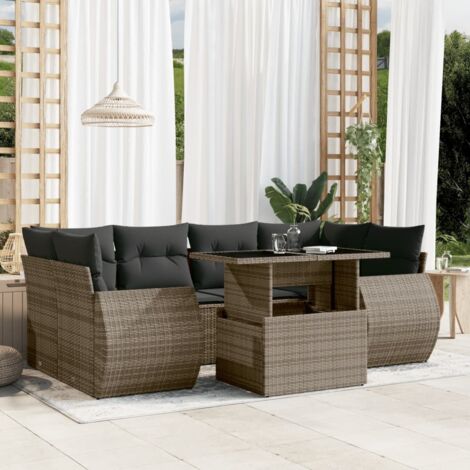 Ensemble Salon Jardin 7 Places Gris Résine Tressée avec Table Réglable et Coussins Amovibles (1/5)