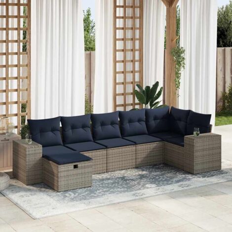 Salon de jardin en résine tressée gris avec 7 coussins bleu marine - Canapé d'angle, fauteuils et repose-pieds (1/5)