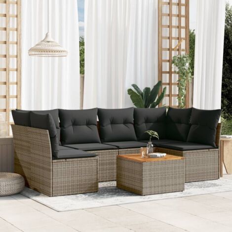 Ensemble Salon de Jardin 7 Pièces Gris Résine Tressée avec Coussins, Table Acacia et Rangement Intégré (1/5)