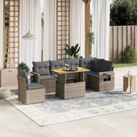Ensemble de salon de jardin 7 places gris résine tressée avec table extensible et coussins lavables (1/3)
