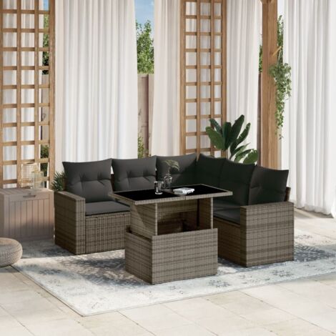 Salon de Jardin Modulaire 6 Pièces en Résine Tressée Gris avec Coussins, Table Réglable et Housses Lavables (1/5)