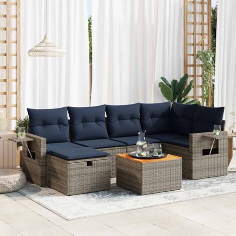 Ensemble de salon de jardin 7 places gris en résine tressée avec coussins amovibles, table en acacia massif et rangements intégrés (1/5)