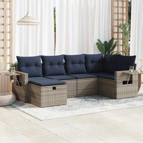 Ensemble Salon Jardin Gris 6 Pièces Résine Tressée avec Coussins Amovibles, Rangements et Pieds Réglables (1/5)