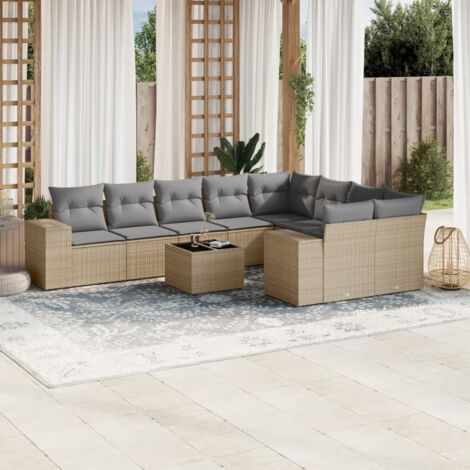 Salon de Jardin 10 Pièces Beige en Résine Tressée avec Coussins - Table Verre, Sièges Modulaires et Rangement Intégré (1/3)