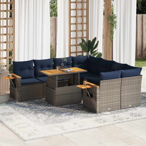 Ensemble Salon de Jardin Gris 9 Pièces en Résine Tressée, Canapé d'Angle avec Table Réglable et Coussins Amovibles Bleu Marine (1/5)