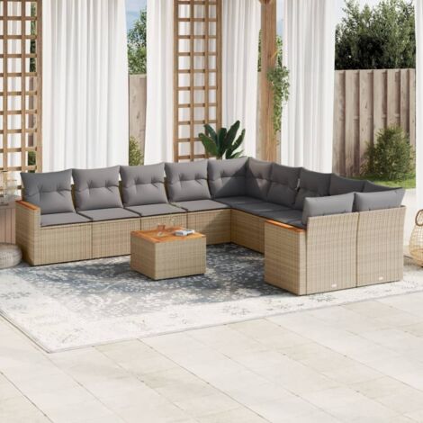[Canapé de Jardin Modular] [Set 11 Pièces] en Résine Tressée Beige avec Coussins Gris et Table Acacia - Espace Rangement Intégré (1/3)