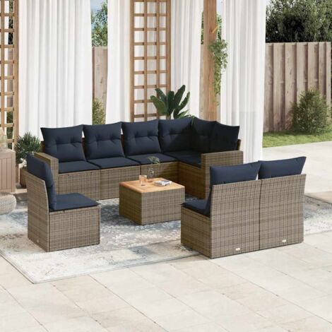 Ensemble Salon de Jardin Gris 9 Places en Résine Tressée avec Table Acacia et Coussins Détachables (1/5)
