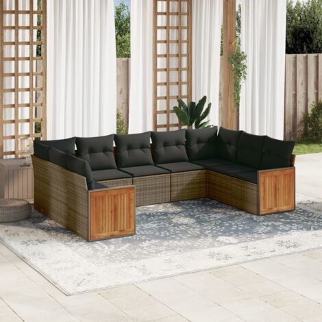 Ensemble de Salon Jardin 9 Pièces Gris avec Coussins en Résine Tressée - Composition Modulaire, Sièges de Rangement et Protection UV (1/3)