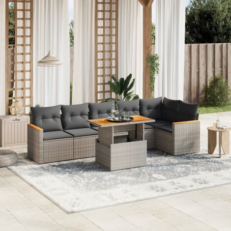 Ensemble de salon de jardin 7 places gris en résine tressée polyrotin, avec coussins lavables et table à hauteur réglable (1/3)
