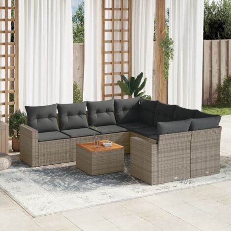 Salon de Jardin en Résine Tressée 9 Pièces Gris avec Coussins Démontables, Table Acacia et Espace de Rangement (1/5)