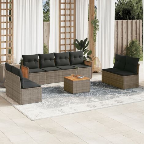 Ensemble de salon de jardin 9 places gris en résine tressée rotin synthétique avec table et coussins lavables (1/3)