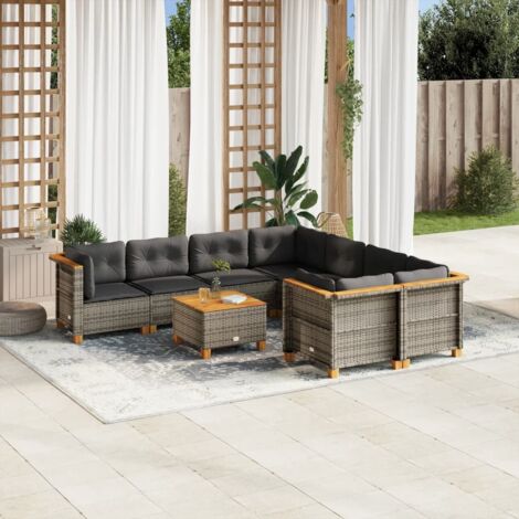 Ensemble salon de jardin en résine tressée gris avec coussins et table en acacia, 9 pièces (1/5)
