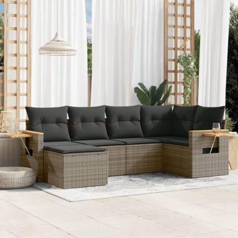 Canapé d'Extérieur 6 Places en Résine Tressée Gris avec Coussins, Modulable, Rangement Intégré et Table d'Appoint (1/3)