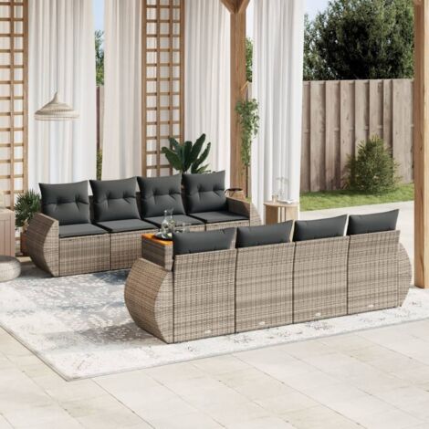 Ensemble Salon de Jardin 9 Pièces Résine Tressée Gris avec Coussins et Table Acacia - Mobilier Extérieur Modulaire avec Rangement (1/3)