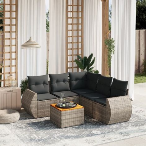 [Ensemble de jardin 6 places] [Salon extérieur] Modulaire en résine tressée grise avec table en acacia, 5 coussins assise, 6 dossiers (1/3)