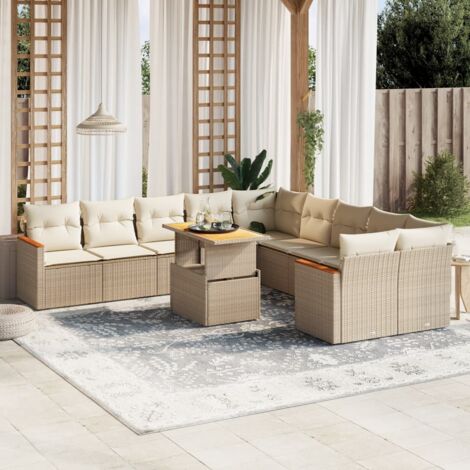 Ensemble de jardin 11 pièces en résine tressée beige avec coussins amovibles, table réglable et modulable, idéal pour terrasse (1/3)