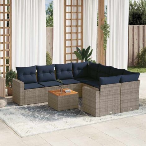 Salon de Jardin 9 Pièces en Résine Tressée Gris avec Table en Acacia et Coussins Détachables Bleu Marine (1/5)