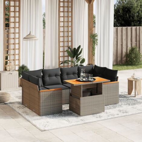 Canapé d'angle et central modulable 7 places, table relevable polyrotin gris, coussins lavables (1/3)