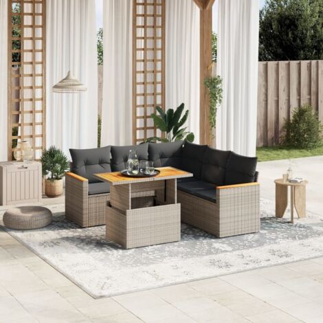 Ensemble de salon de jardin 6 pièces en résine tressée grise, avec coussins amovibles et table réglable - 5 places assises (1/3)