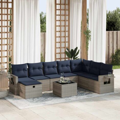 Ensemble Salon Jardin 9 pièces Résine Tressée Gris/Coussins Marine avec Rangement et Table (1/5)