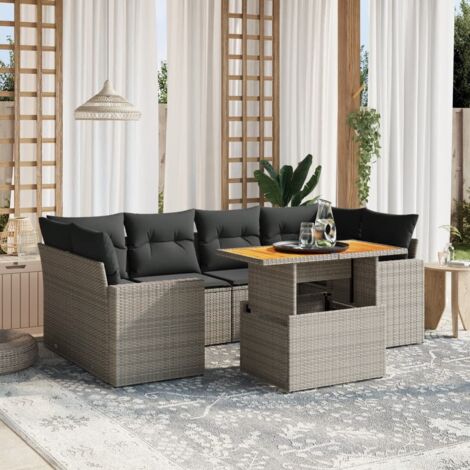 Ensemble Salon de Jardin Modulaire 7 Pièces - Gris Résine Tressée - Table Relevable en Acacia (1/3)