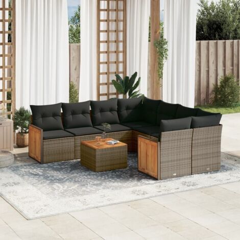 Ensemble de Salon de Jardin 9 pièces en Résine Tressée Gris - 2 Fauteuils d'Angle, 4 Chaises, 2 Canapés avec Accoudoirs, 1 Table Acacia et 18 Coussins Lavables - Stockage Intégré (1/3)