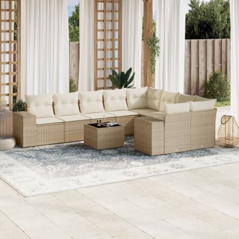 Set Jardin 10 Pièces Résine Tressée Beige avec Coussins, Table Verre Trempé, Fonction Rangement Modulaire Salon Extérieur Terrasse (1/3)