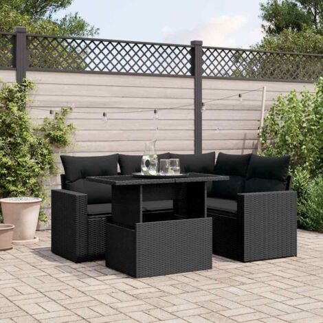 Ensemble salon de jardin en résine tressée noire 5 pièces avec coussins, table à hauteur réglable (1/5)
