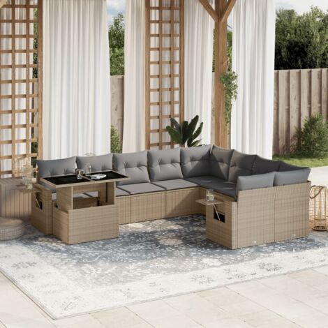 Ensemble Salon de Jardin 10 Pièces Beige en Résine Tressée, Modulable avec Table à Hauteur Réglable, Coussins Confortables Gris (1/5)