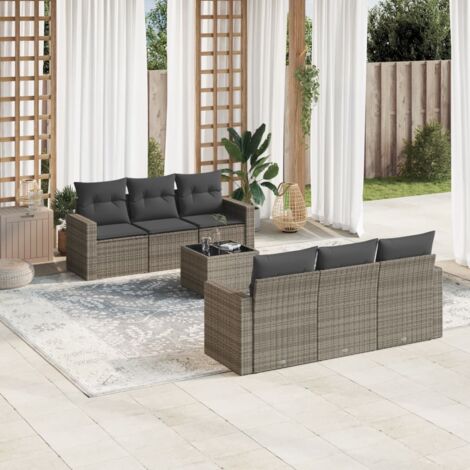 Salon de Jardin 7 Places en Résine Tressée Gris avec Table en Verre et Coussins - 6 Sièges à Stockage Modulaires et Housses Lavables (1/3)