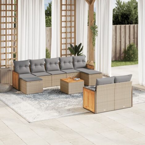 Salon de jardin 10 places en résine tressée beige avec table, repose-pieds et coussins amovibles (1/3)