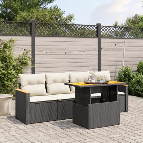 Ensemble Salon de Jardin 5 Places Noir Résine Tressée avec Coussins Blanc Crème, Table Réglable Hauteur et Modules (1/3)