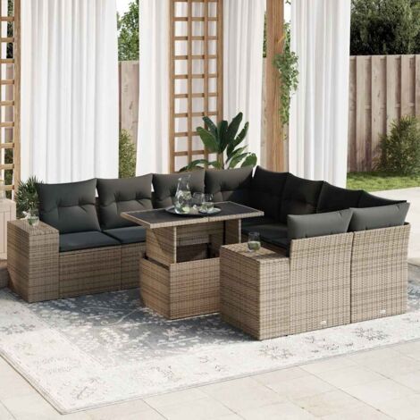 Ensemble de Jardin 9 Pièces en Résine Tressée Gris avec Table Réglable et Coussins Lavables - Mobilier d'Extérieur Modulaire avec Rangement (1/5)