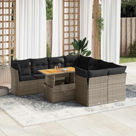 Ensemble de jardin 9 pièces en résine tressée grise avec table extensible et coussins lavables (1/5)