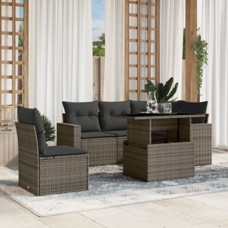 Ensemble salon de jardin 6 places en résine tressée gris avec coussins et table à hauteur réglable - Mobilier d'extérieur modulaire et durable (1/5)