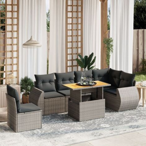 Ensemble Salon de Jardin 7 Pièces en Résine Tressée Gris avec Table Réglable et Coussins Lavables, Modulable et Confortable - Meuble d'Extérieur Résistant aux UV (1/3)