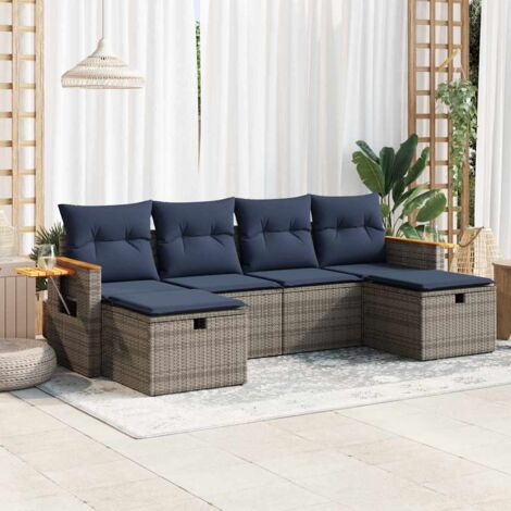 Salon de Jardin 6 Places Gris en Résine Tressée avec Coussins Bleu Marine et Espace de Rangement (1/5)