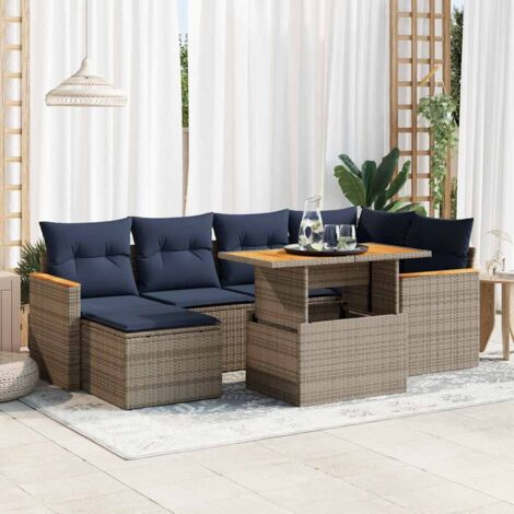 Salon de Jardin 7 Pièces Résine Tressée Gris Table Réglable et Coussins Bleu Marine avec Rangement (1/5)