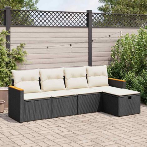 Canapé Salon Jardin 5 pièces Noir Résine Tressée avec Coussins Crème, Modulable et Stockage (1/5)