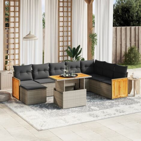 Ensemble salon jardin 9 places résine tressée gris avec table ajustable et coussins lavables - Modulaire pour terrasse, patio ou extérieur (1/3)