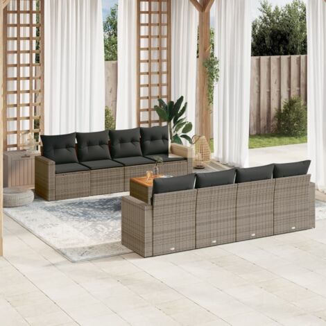 Ensemble de Jardin 9 Pièces en Résine Tressée Gris avec Coussins - 4 Fauteuils + 4 Canapés + 1 Table Acacia - Modulaire avec Rangement Intégré (1/5)