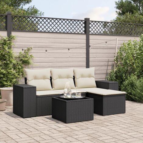 Salon de Jardin 5 Places en Résine Tressée Noire avec Table Verre et Coussins Détachables Crème, Modulaire et Rangement Intégré (1/3)