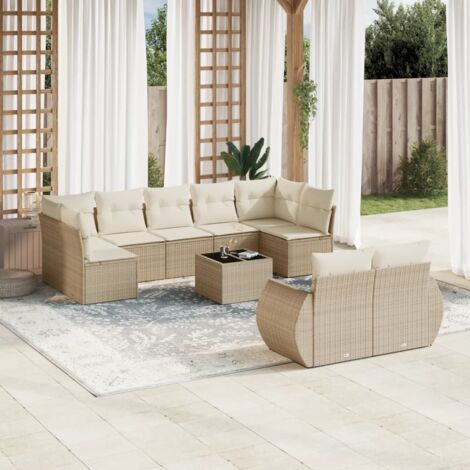 Ensemble Salon Jardin 10 Pièces Beige Résine Tressée avec Coussins, Table Verre Trempé et Fonction Rangement Imperméable (1/3)
