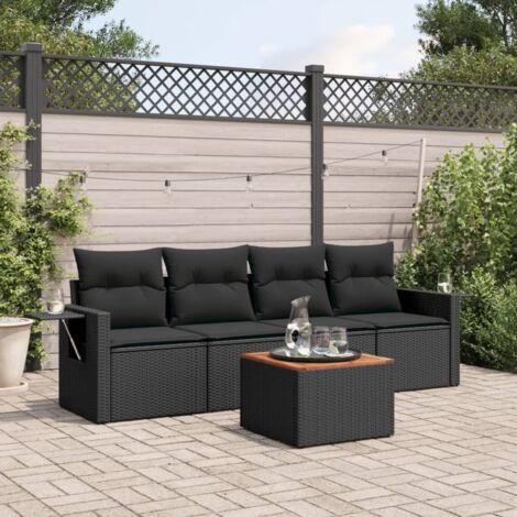 Salon de jardin 5 pièces en résine tressée noir avec table acacia, coussins et rangement, résistant aux intempéries (1/3)
