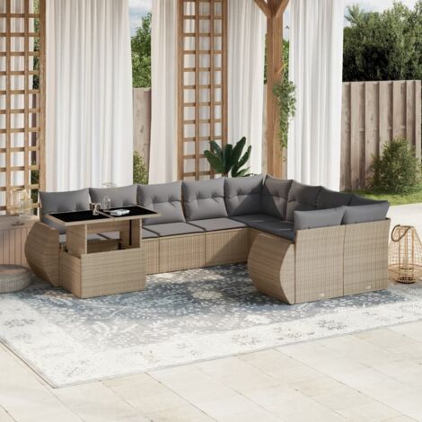 Ensemble Salon de Jardin 10 Pièces en Résine Tressée Beige avec Coussins Gris, Table à Hauteur Réglable (1/5)